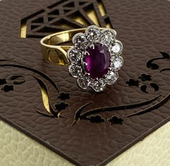 1.61ct Burmese Oval Ruby & Diamond (0.70ct) Cluster Ring in 18K Yellow Gold