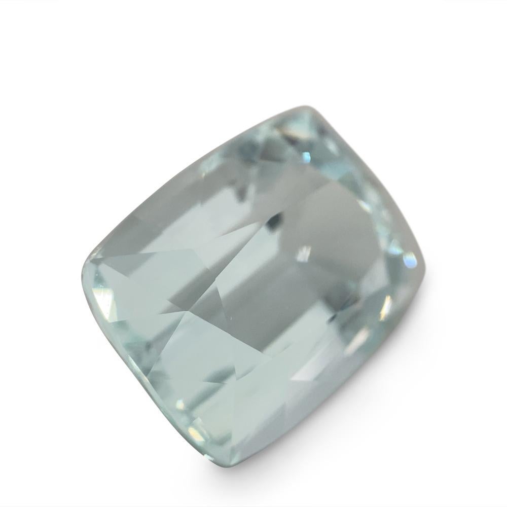 Description:

Gem Type: Aquamarine 
Number of Stones: 1
Weight: 16.1 cts
Measurements: 17.51 x 13.11 x 10.43 mm
Shape: Cushion
Cutting Style Crown: Brilliant Cut
Cutting Style Pavilion: Step Cut 
Transparency: None
Clarity: Very Slightly Included: