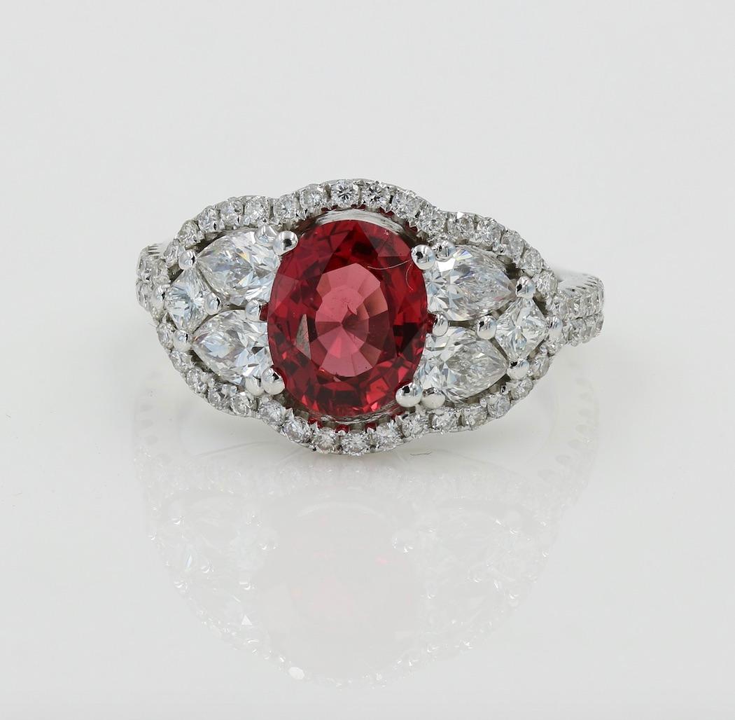 Contemporary 1.61 Carat Cushion Cut Natural Burmese Spinel and Diamond Ring Set in 18 Karat