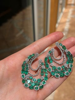 16.1 Carats Emerald Diamond 18k Gold Cluster Statement Earrings