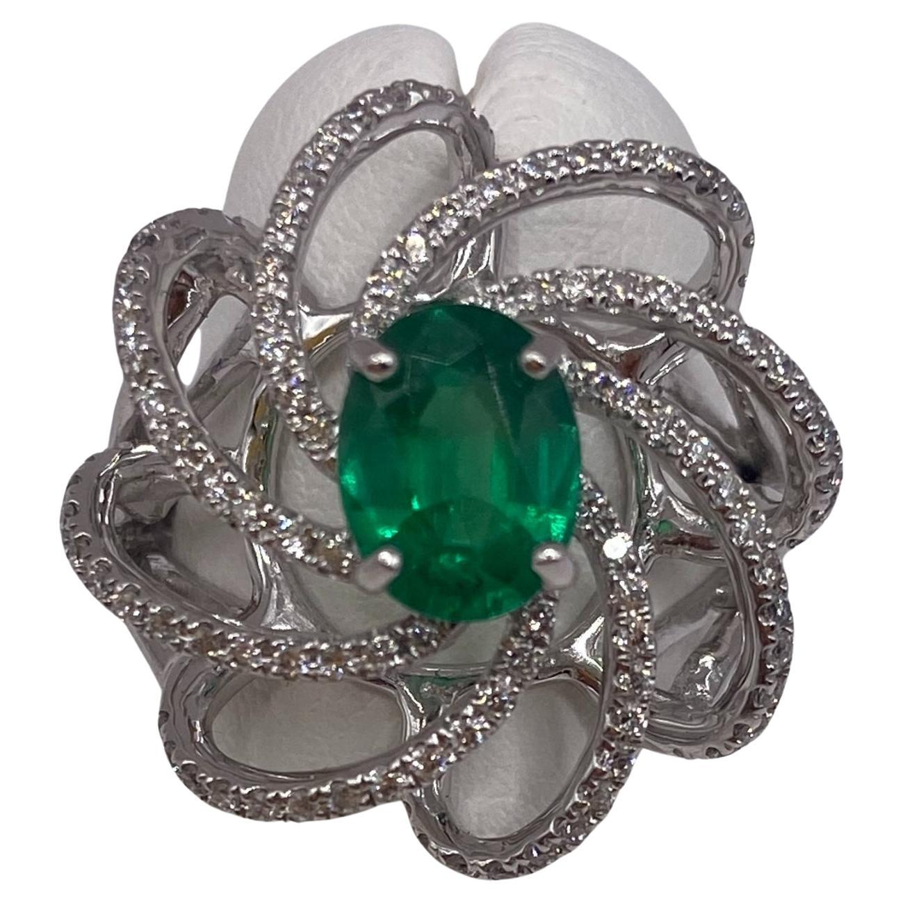 1.61ctw Oval Emerald & Round Diamond Ring in 18KT White Gold For Sale