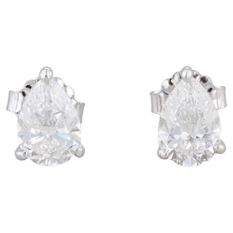 1.61ctw VS1 D E Diamond Pear Solitaire Stud Earrings 14k White Gold GIA For Sale