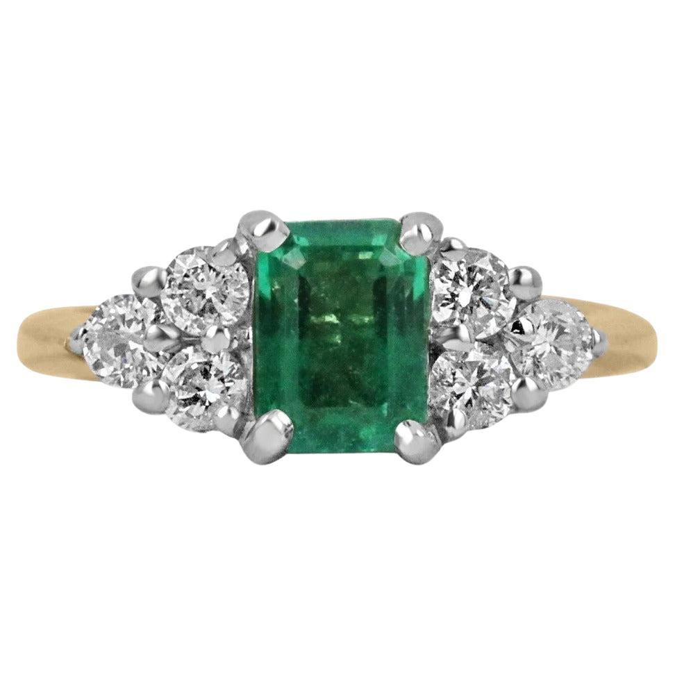 1.61tcw 14K Natural Emerald-Emerald Cut & Diamond Accent Cluster Gold Ring For Sale