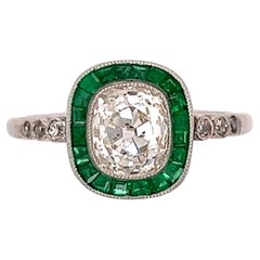 1.62 Carat Diamond and Emerald Platinum Ring Estate Fine Jewelry