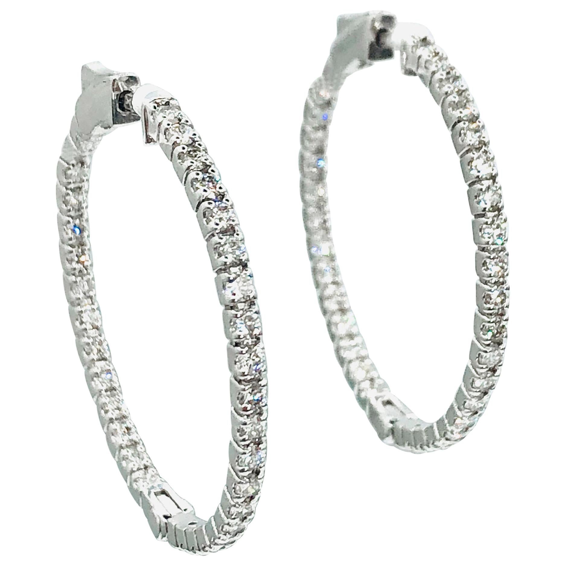 Conflict Free Diamond Hoop Earrings 1.62 Carats in 14 Karat white Gold For Sale