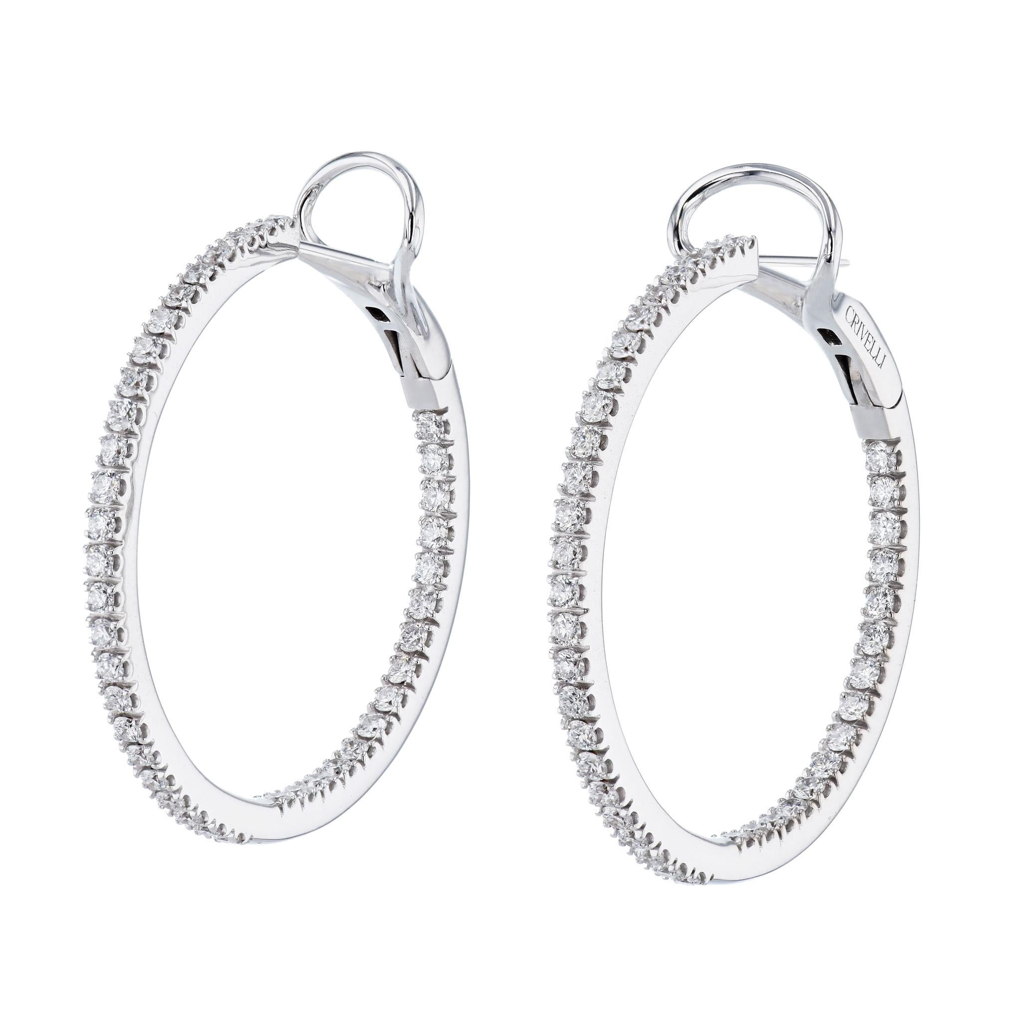 1.62 Carat Diamond Pave Set Hoop Earrings 18 Karat White Gold In New Condition In Miami, FL