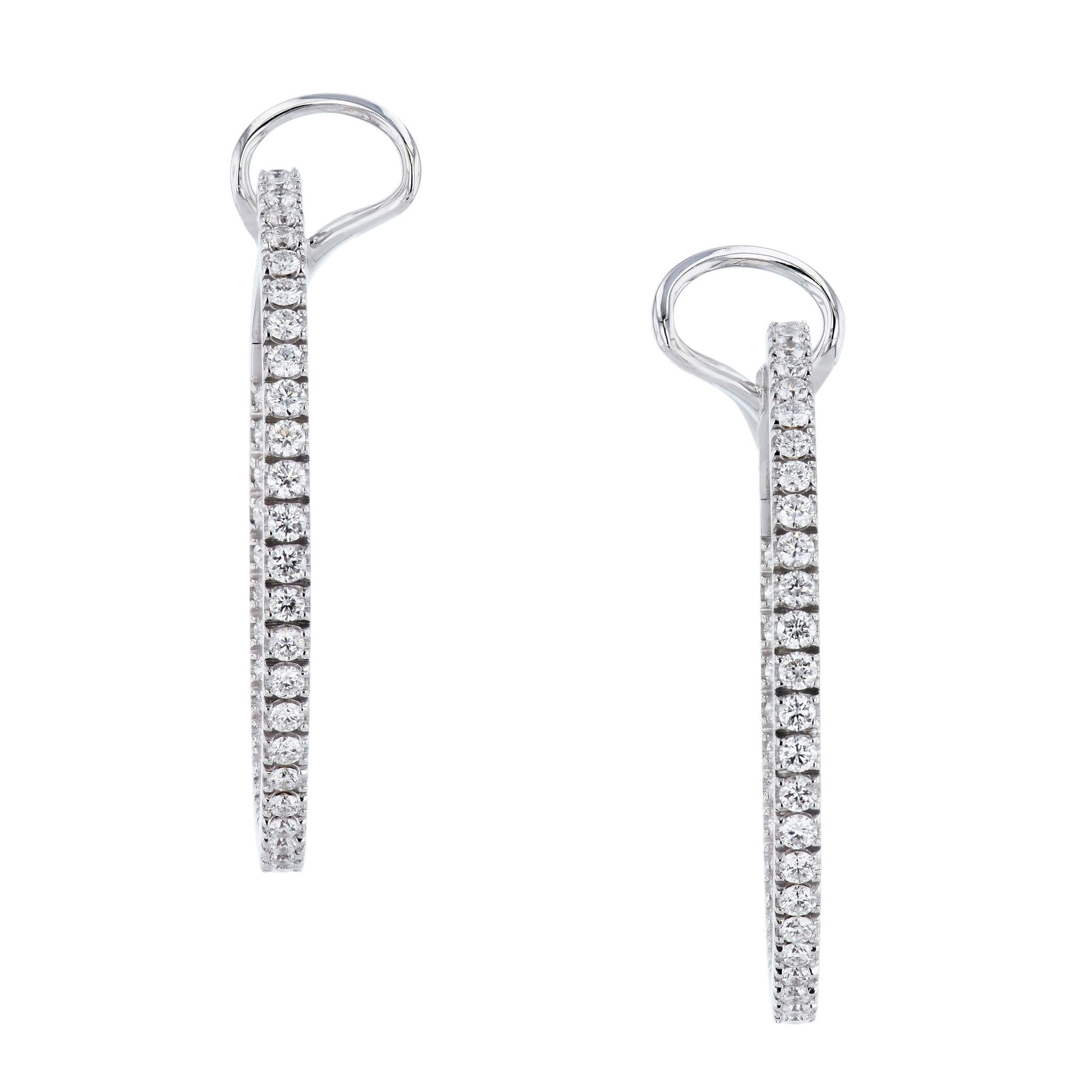 Women's 1.62 Carat Diamond Pave Set Hoop Earrings 18 Karat White Gold