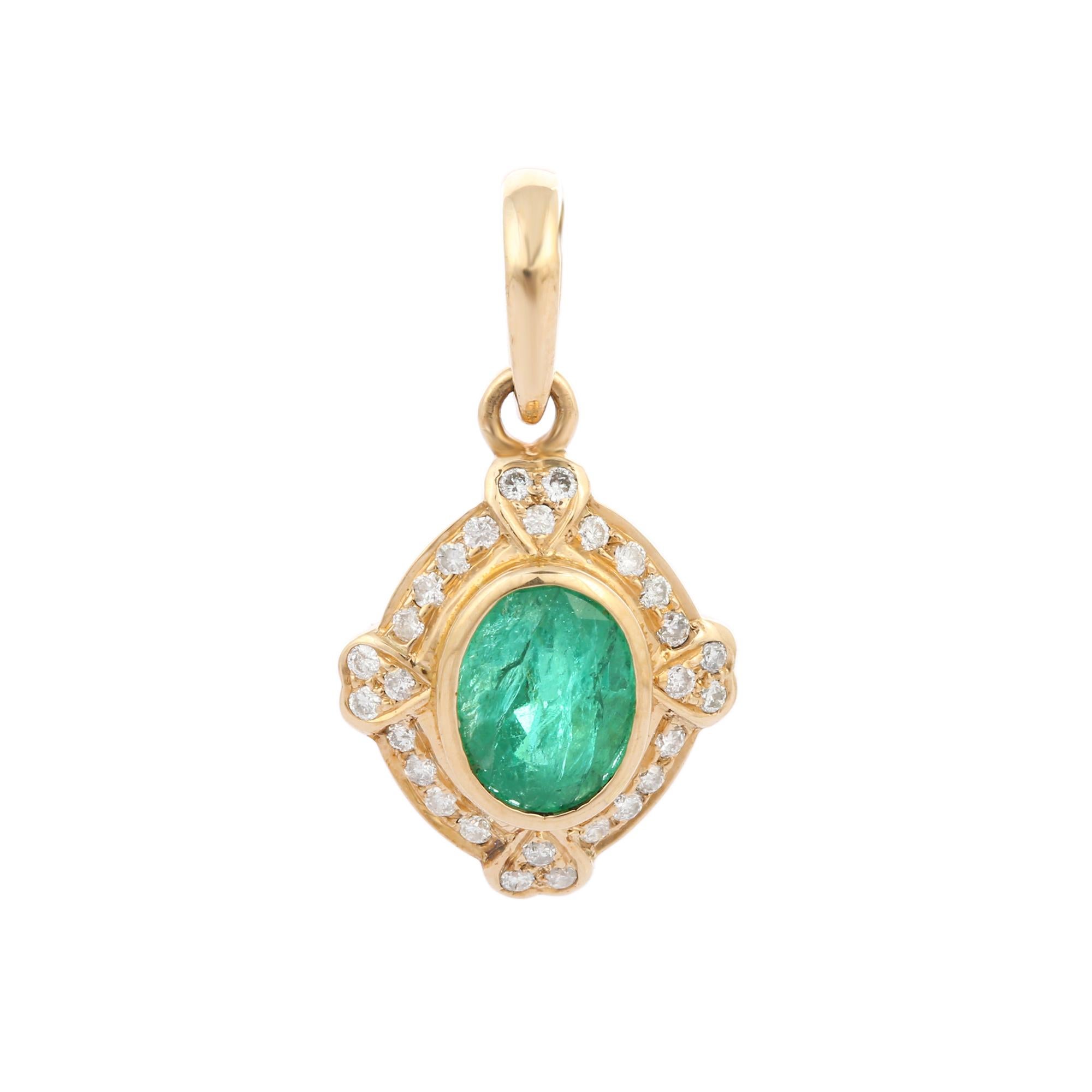 Retro 1.62 Carat Natural Emerald Bezel Set Diamond Pendant in 14K Yellow Gold For Sale
