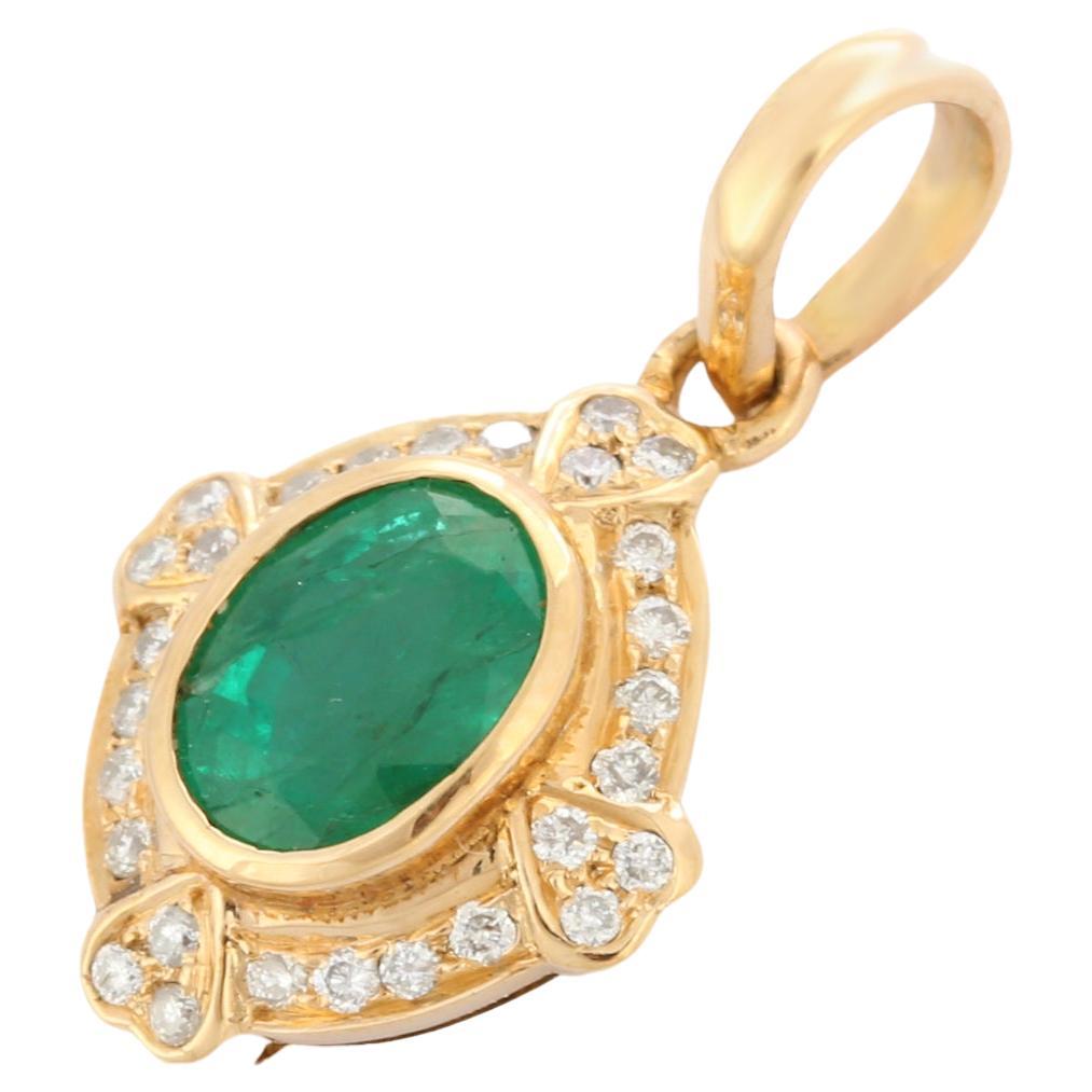 1.62 Carat Natural Emerald Bezel Set Diamond Pendant in 14K Yellow Gold For Sale