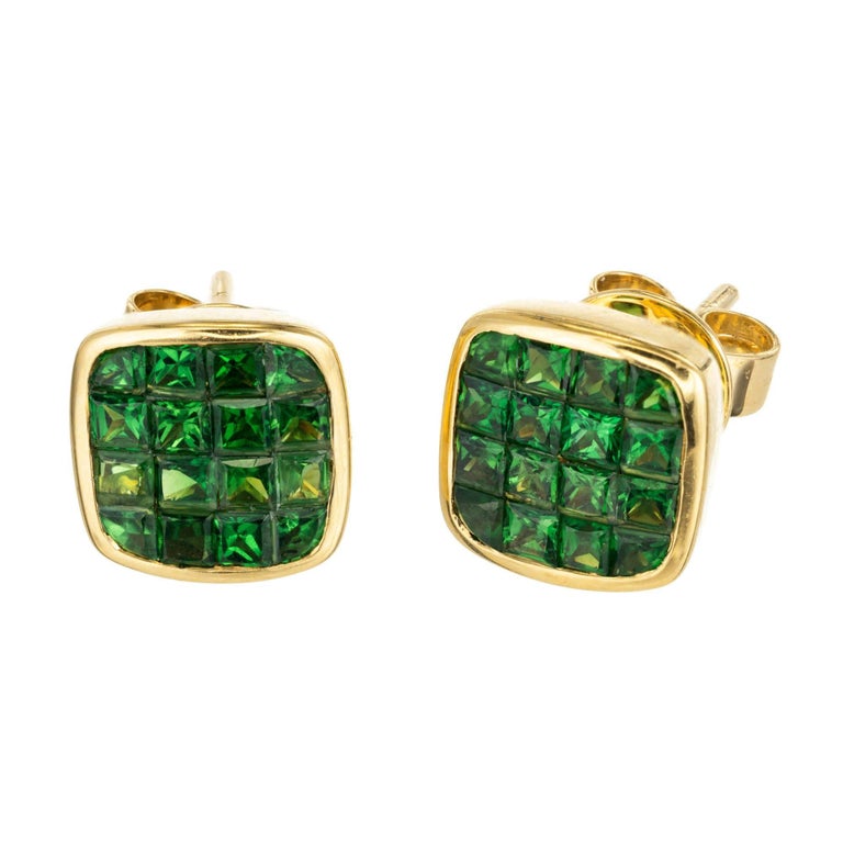1.62 Carat Green Square Tsavorite Yellow Gold Stud Earrings For