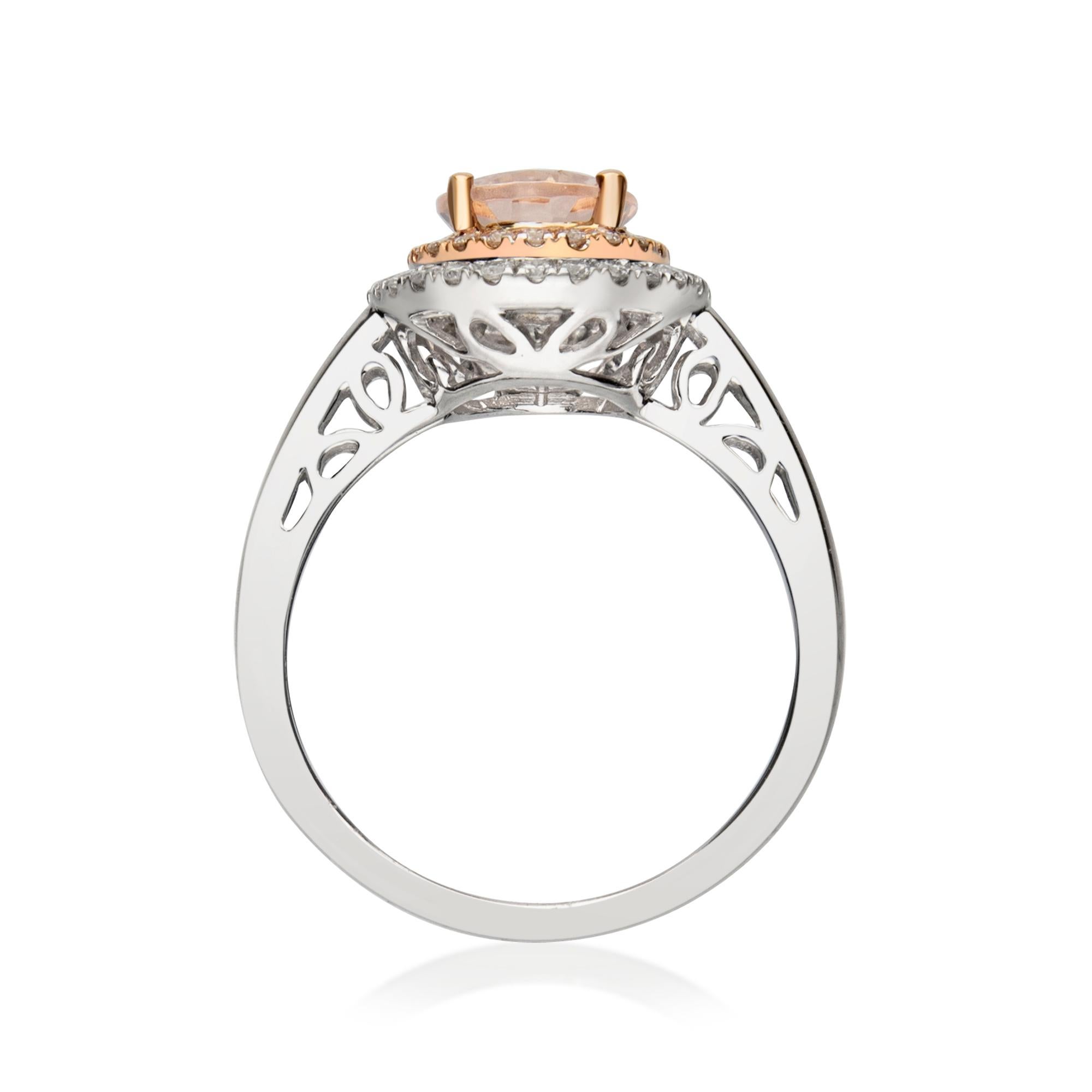 Art Deco 1.62 Carat Morganite Oval Cut Diamond accents 14K Two Tone Gold Bridal Ring.