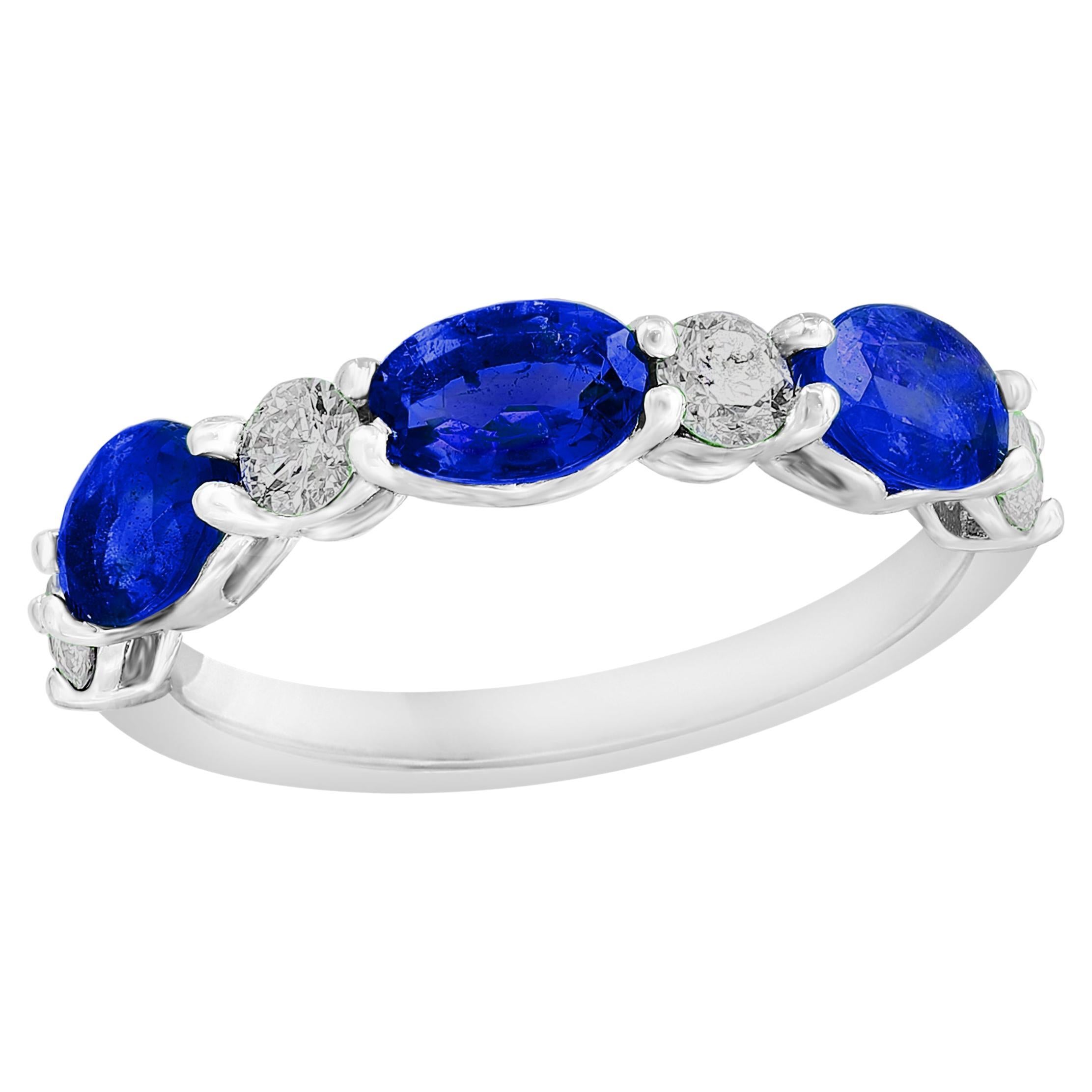 1.62 Carat Oval Cut Sapphire and Diamond Band in 14K White Gold For Sale