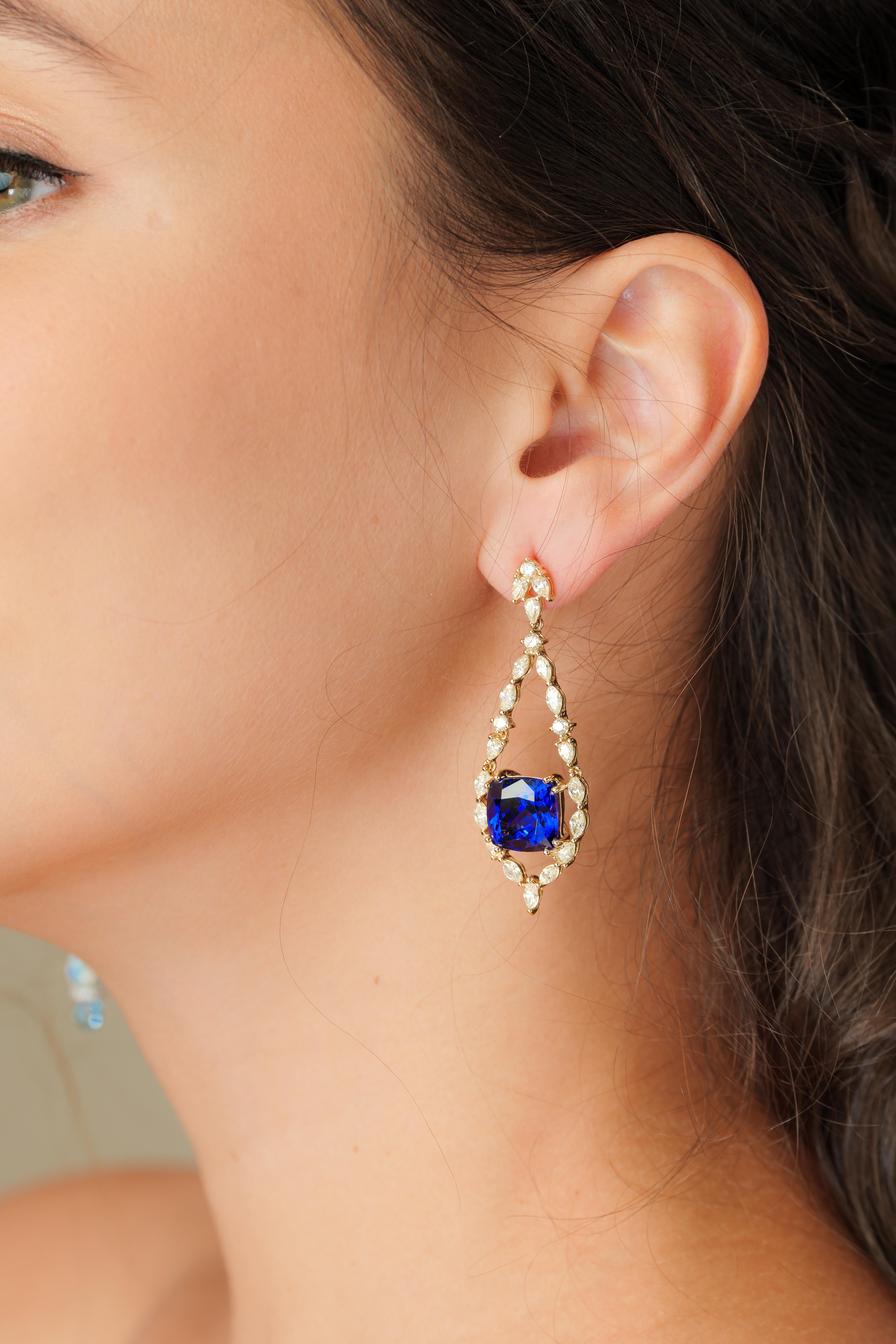 Cushion Cut Sunita Nahata Tanzanite 16.20ct. Drop Earrings in 18KYG with Diamond. For Sale