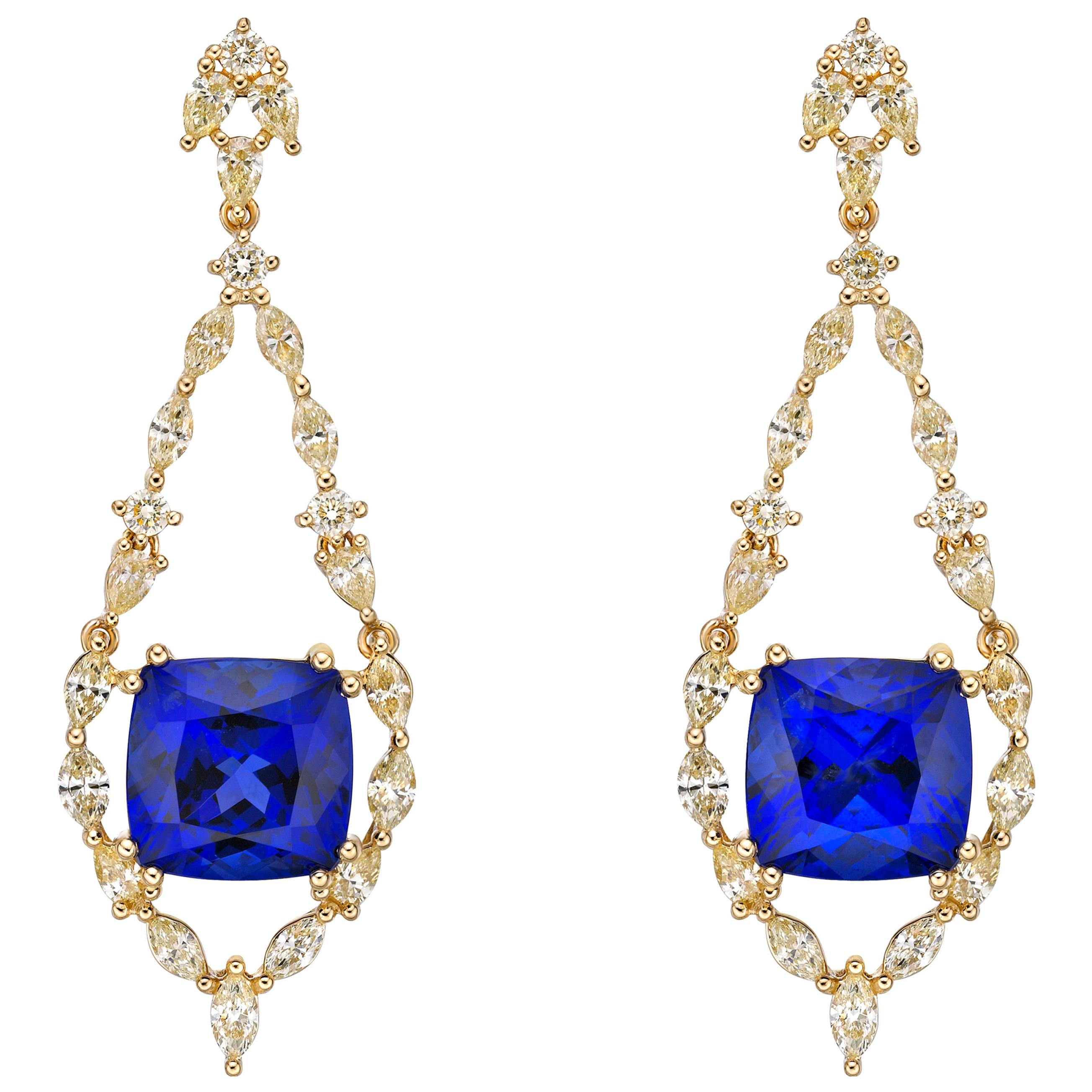 Boucles d'oreilles en or jaune 18 carats avec tanzanite de 16,2 carats et diamants jaunes