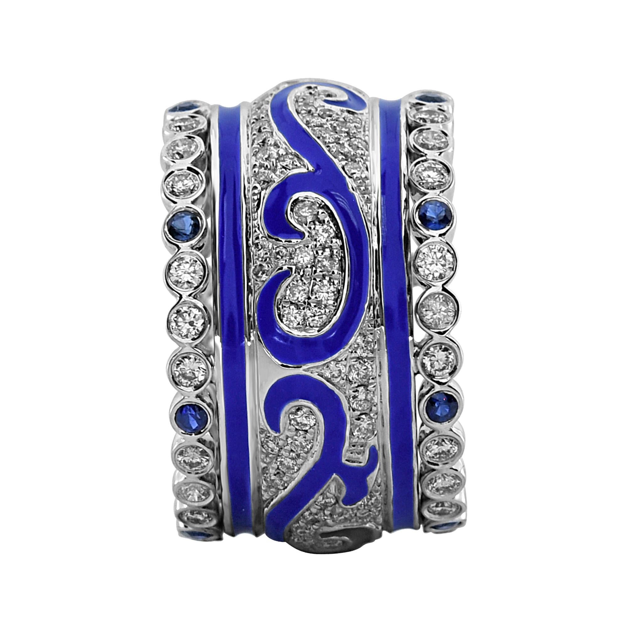 1,62 Karat weißer Diamant und Saphir Emaille 18K Weißgold Ring machen Sie einen neuen Spaß Blick auf Ihre Schmucksammlung hinzuzufügen.
Dieser atemberaubende Ring von Shimon's Creations wurde mit 0,30 Karat blauen Saphiren, insgesamt 14 rund