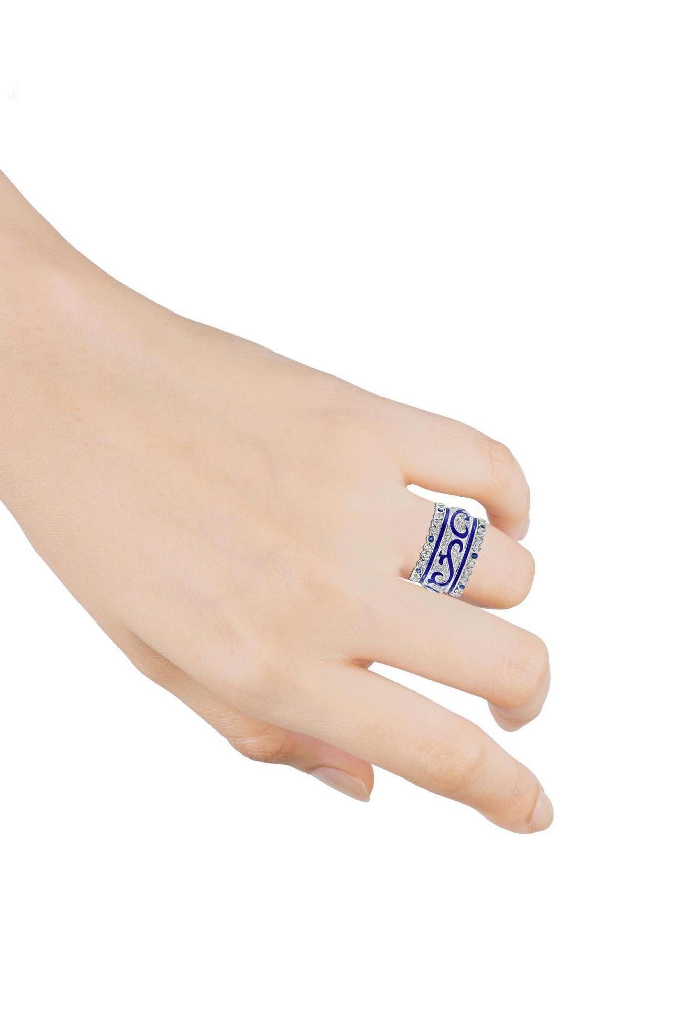 1,62 Karat Weißer Diamant und Saphir-Emaille 18 Karat Weißgold Ring (Rundschliff) im Angebot