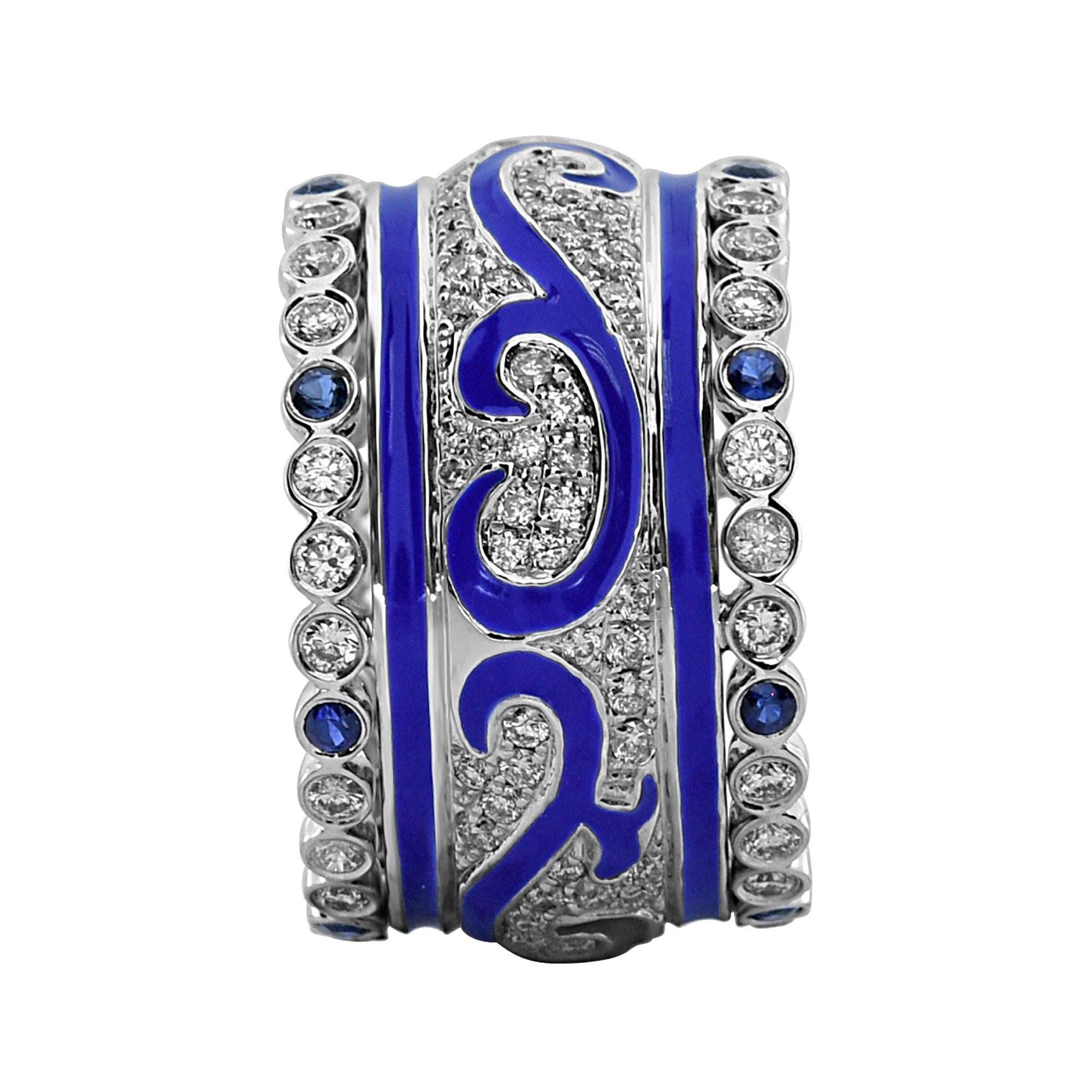 1.62 Carat White Diamond And Sapphire Enamel 18K White Gold Ring will make you have a new fun look to add to your jewelry collection.
This stunning ring made by Shimon's Creations enhanced with 0.30 carats of blue sapphires, totaling 14 round cut