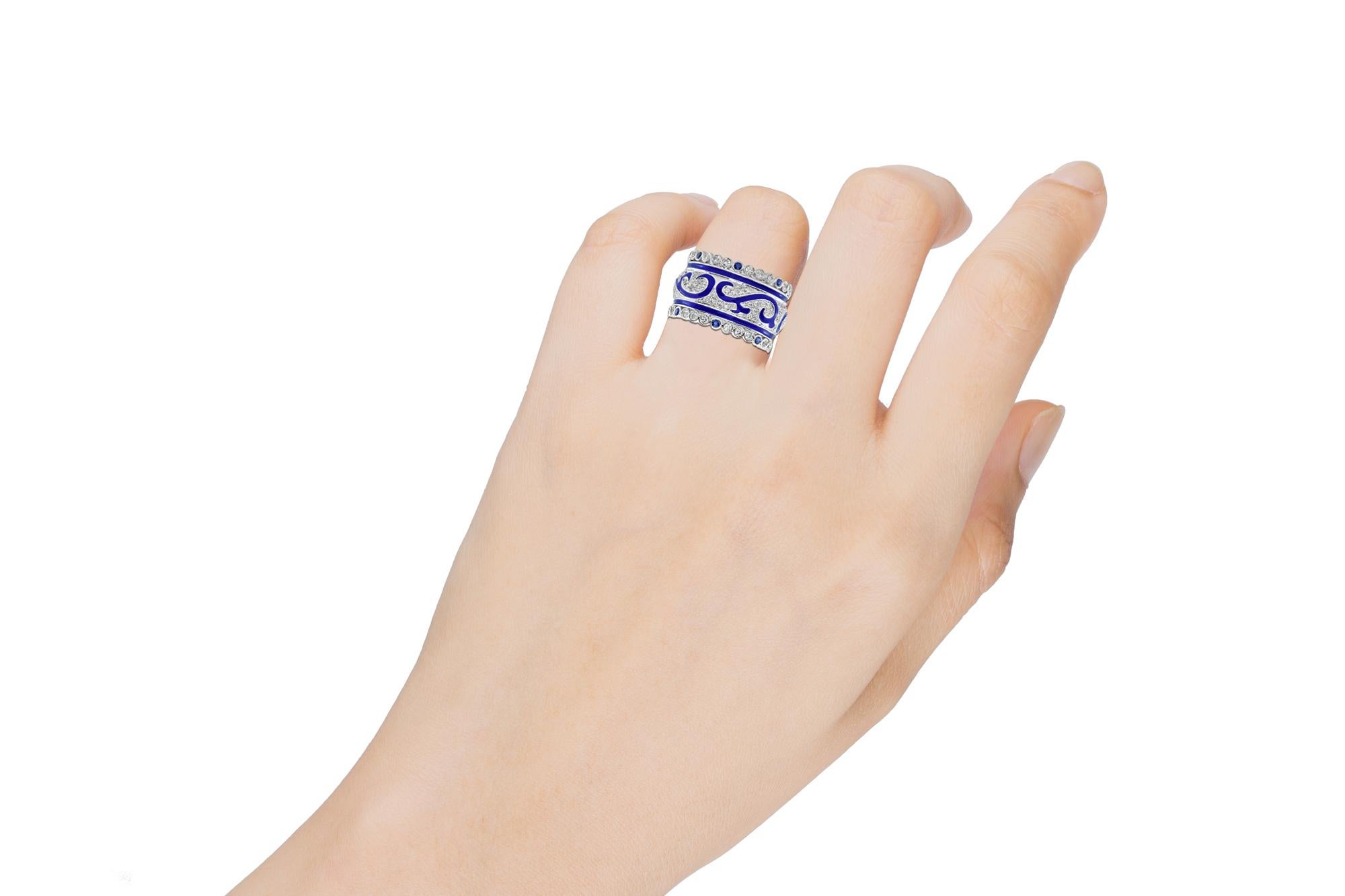 Contemporary 1.62 Carat White Diamond and Sapphire Enamel 18 Karat White Gold Ring