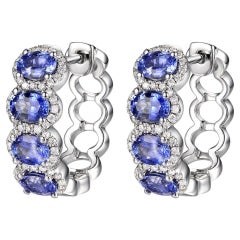 1.62 Carats Blue Sapphire Diamond Hoop Earrings in 18 Karat White Gold