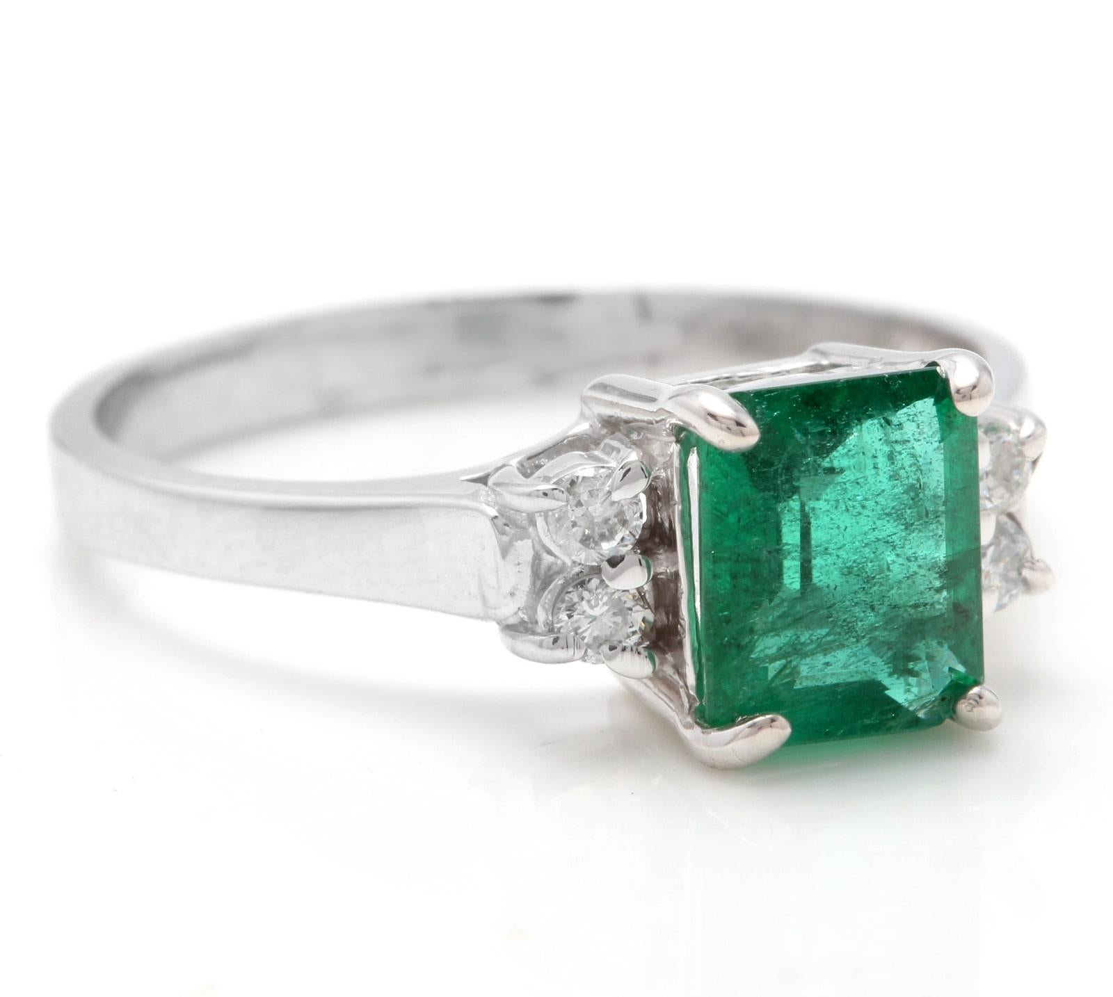 1.62 Carats Natural Emerald and Diamond 14K Solid White Gold Ring

Suggested Replacement Value: $4,500.00

Total Natural Green Emerald Weight is: Approx. 1.50 Carats (transparent)

Emerald Measures: Approx. 7.25 x 6.29mm

Natural Round Diamonds