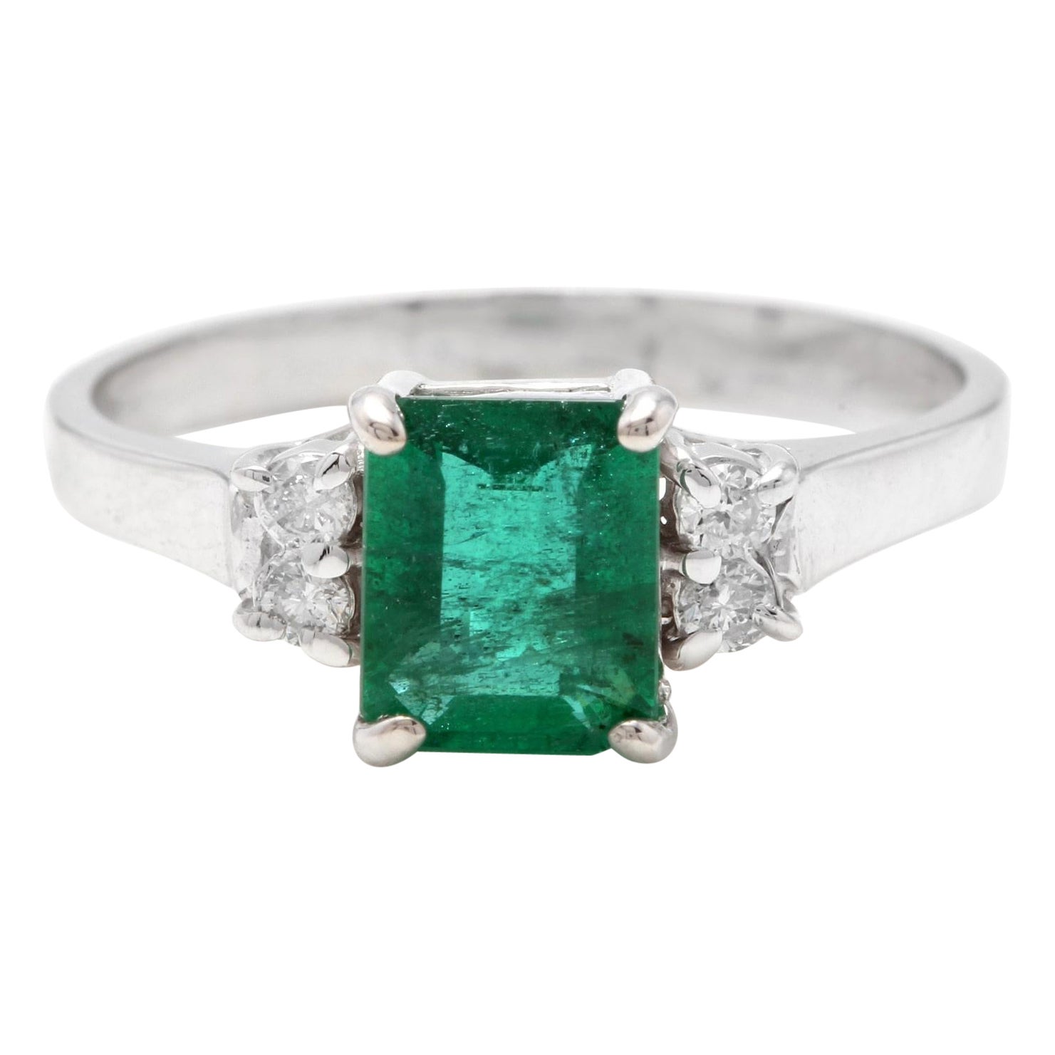 Bague en or blanc massif 14 carats avec émeraude naturelle de 1,62 carat et diamants