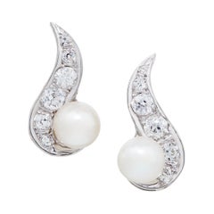 Vintage 1.62 Carats of Diamonds and Akoya Pearl Estate Earrings in 14 Karat White Gold