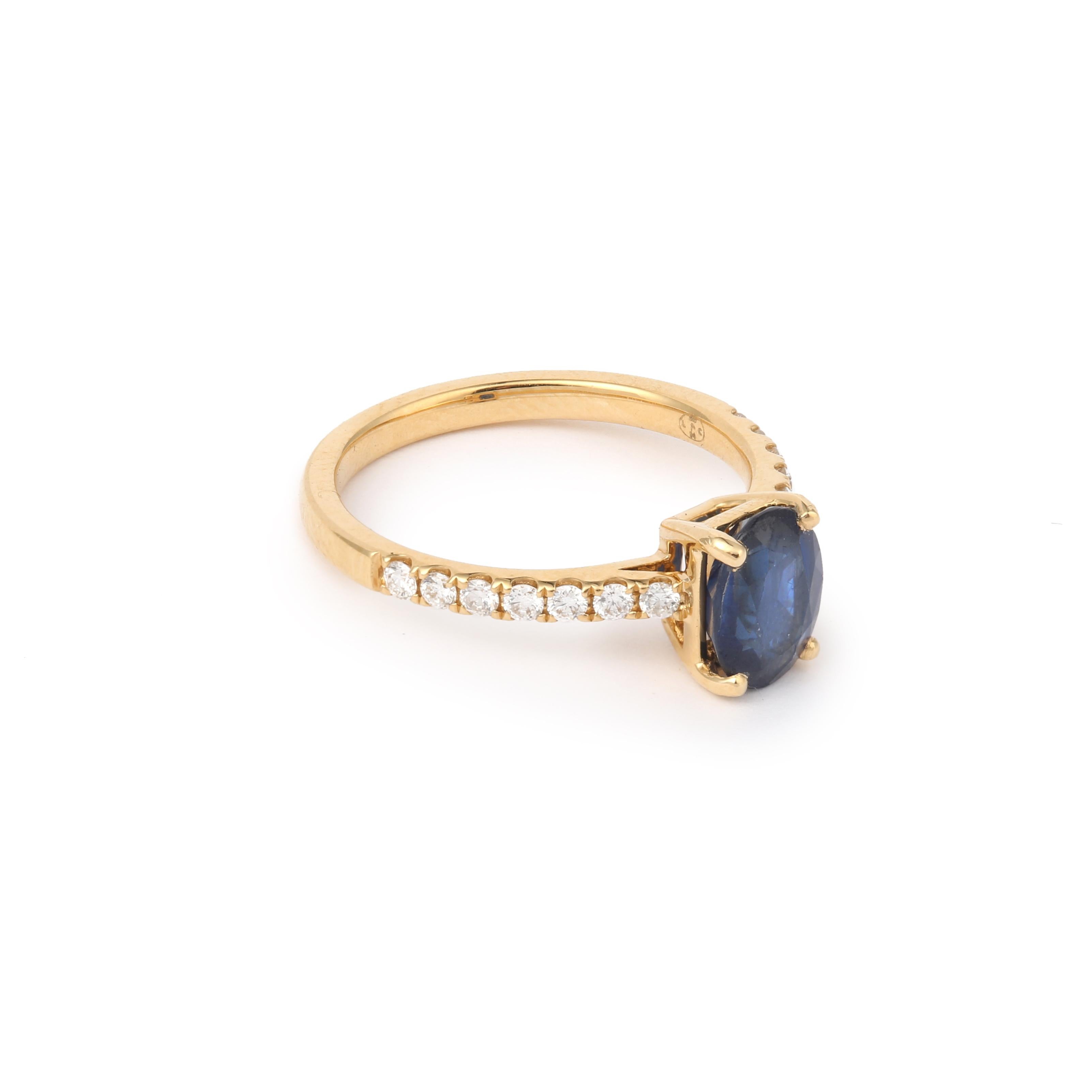Yellow gold ring set with an oval-cut sapphire set with diamonds.

Weight of the sapphire : 1.62 carats

Total weight of diamonds: 0.27 carats

Dimensions: 8 x 20.32 x 6.01 mm (0.315 x 0.800 x 0.236 inch)

Finger size : 54 (US : 6 3/4)

Ring weight: