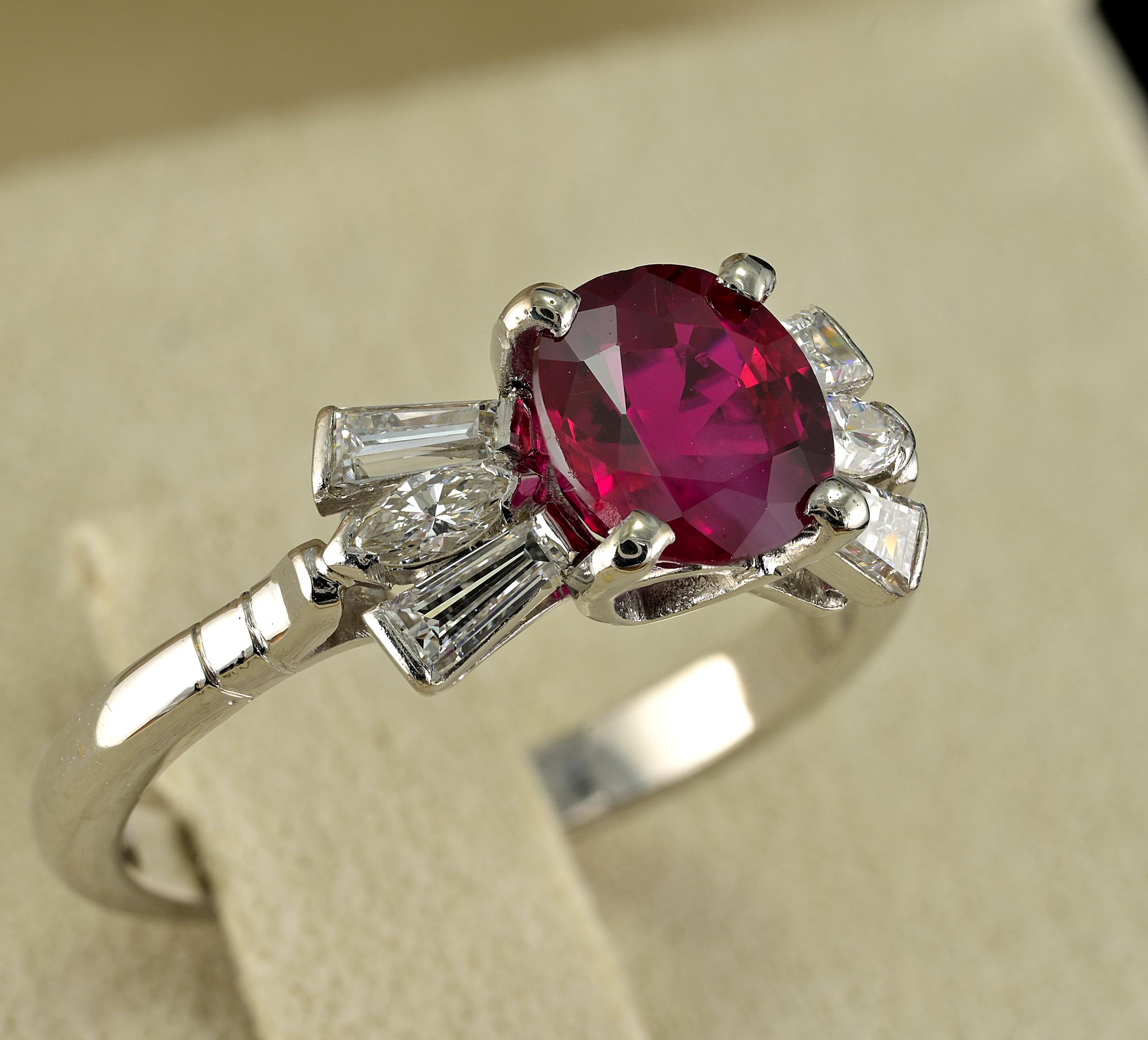 1.62 Ct Natural Burmese Ruby Diamond Ring, 1960 ca For Sale 1