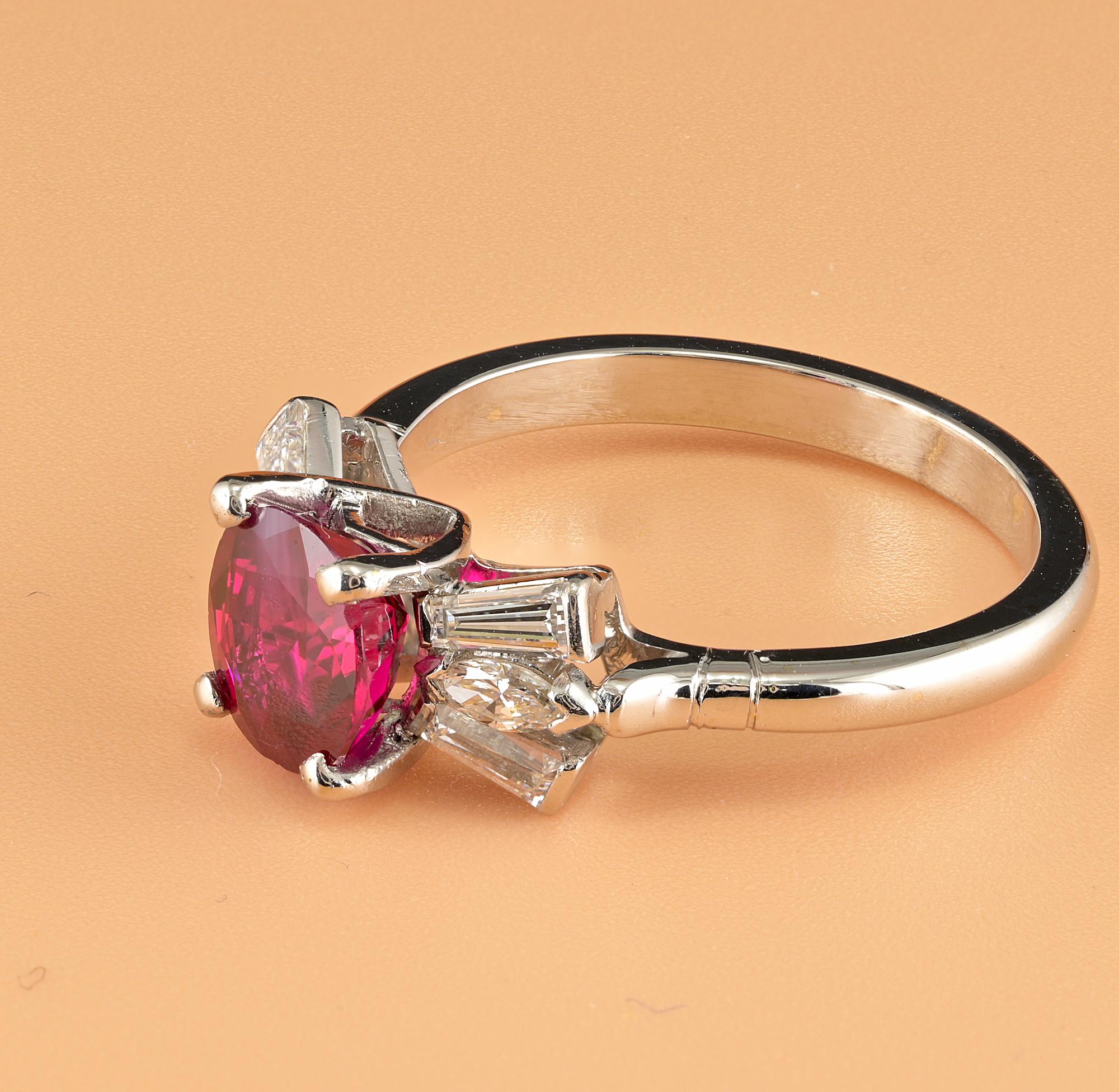 1.62 Ct Natural Burmese Ruby Diamond Ring, 1960 ca For Sale 2