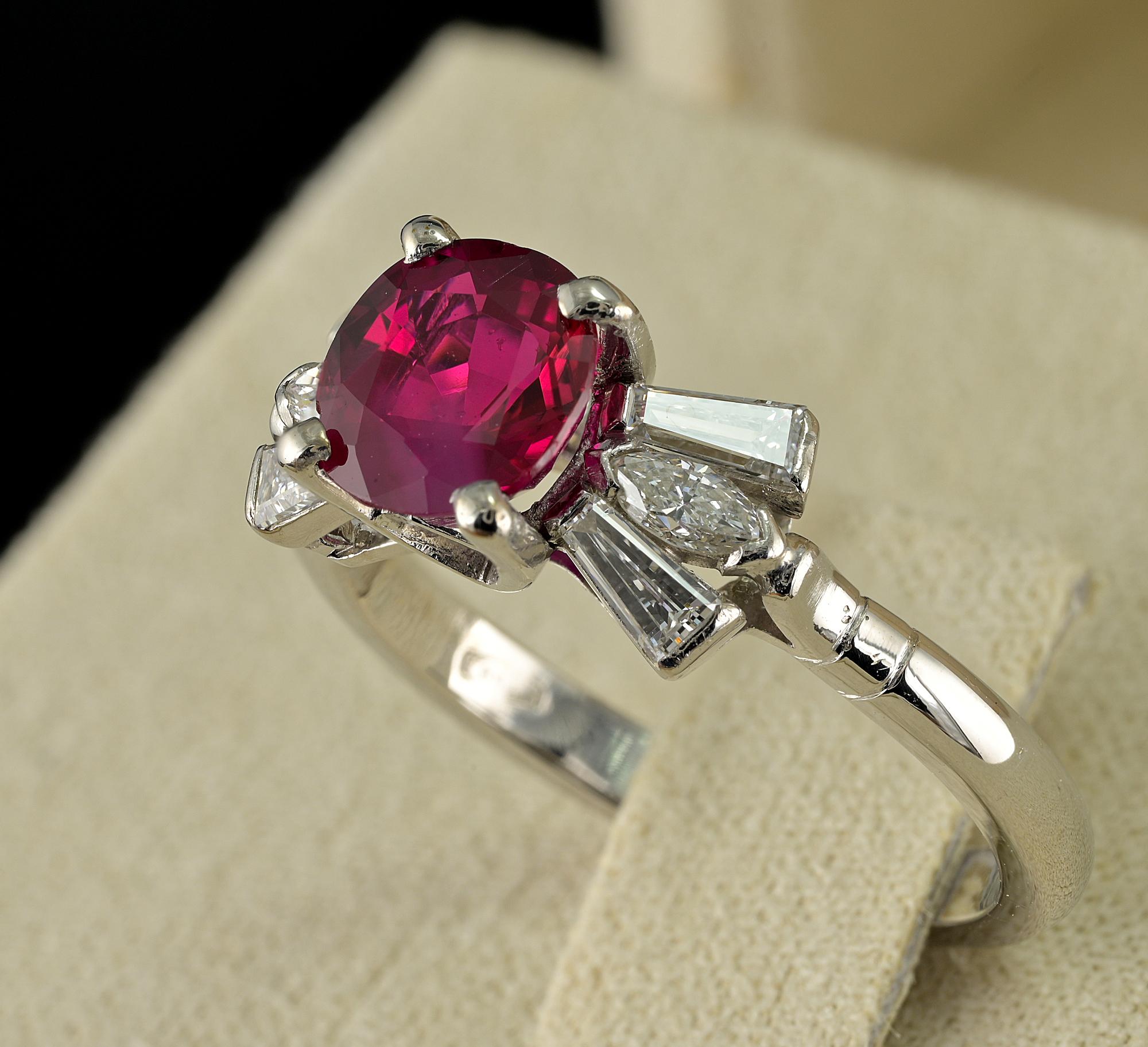 1.62 Ct Natural Burmese Ruby Diamond Ring, 1960 ca For Sale 3