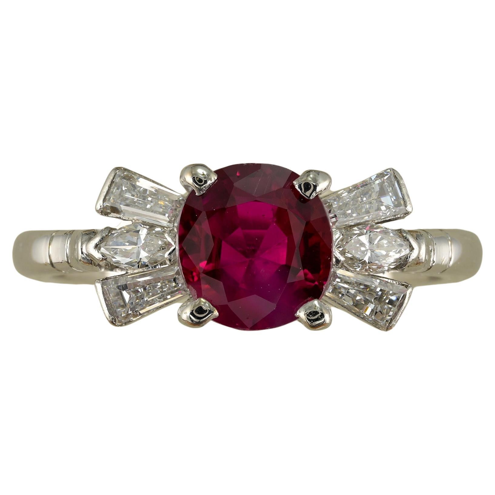 1.62 Ct Natural Burmese Ruby Diamond Ring, 1960 ca For Sale