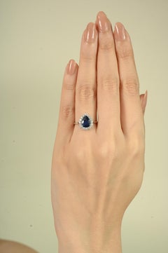 VR Jewels 1.62 Ct Pear Cut Royal Blue Sapphire & Diamond Ring in 18k White Gold