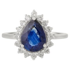 Anillo de compromiso de zafiro azul real y diamante pera de 1,62 quilates, engastado en oro blanco de 18 quilates