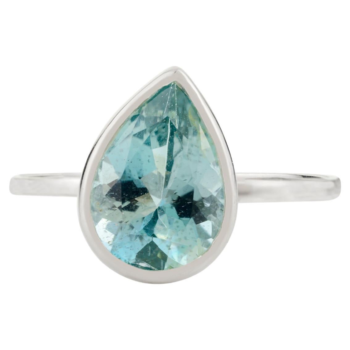 For Sale:  1.62 CTW Certified Natural Solitaire Pear Cut Aquamarine Ring in 14k White Gold 2