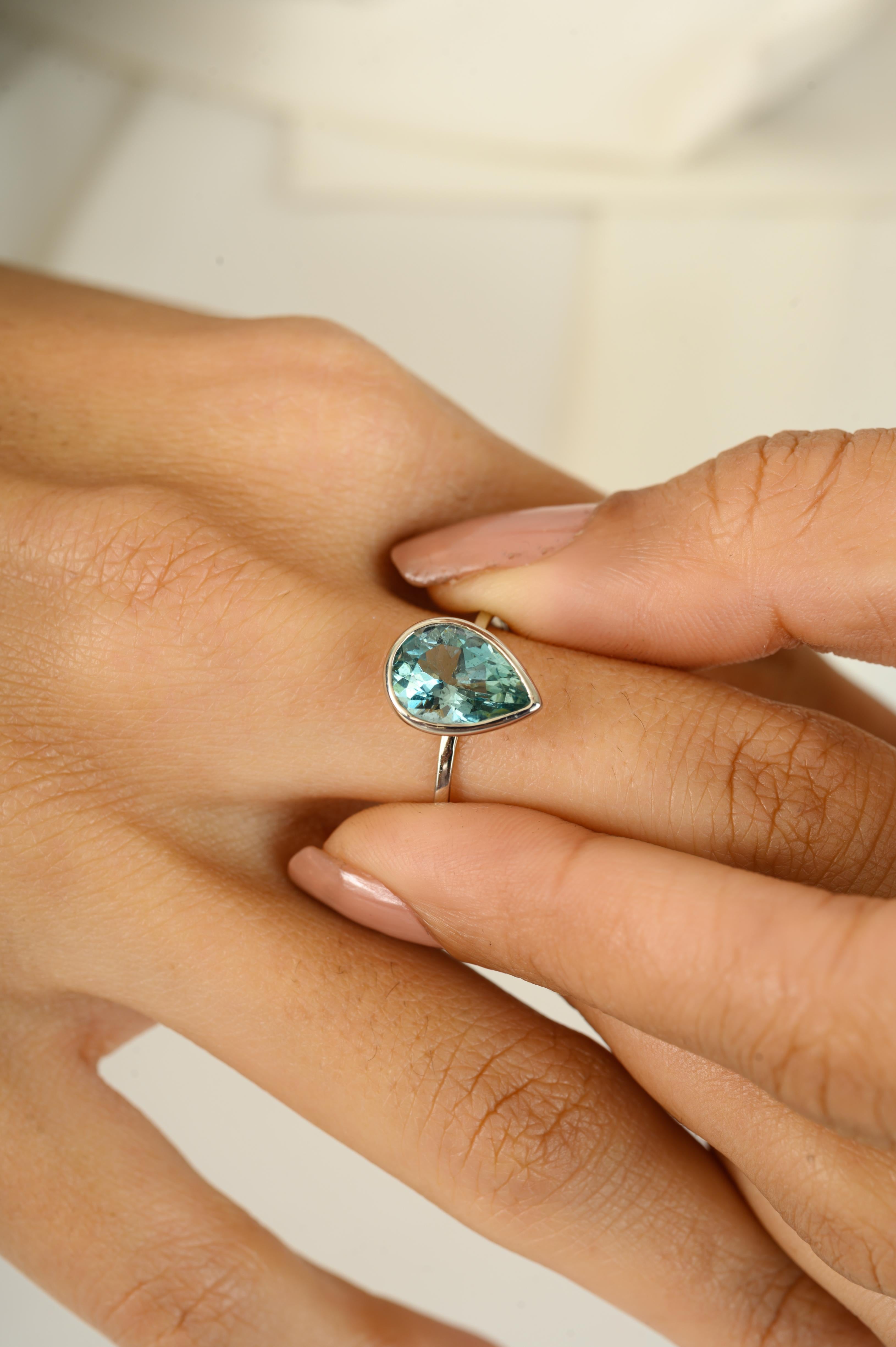 For Sale:  1.62 CTW Certified Natural Solitaire Pear Cut Aquamarine Ring in 14k White Gold 3