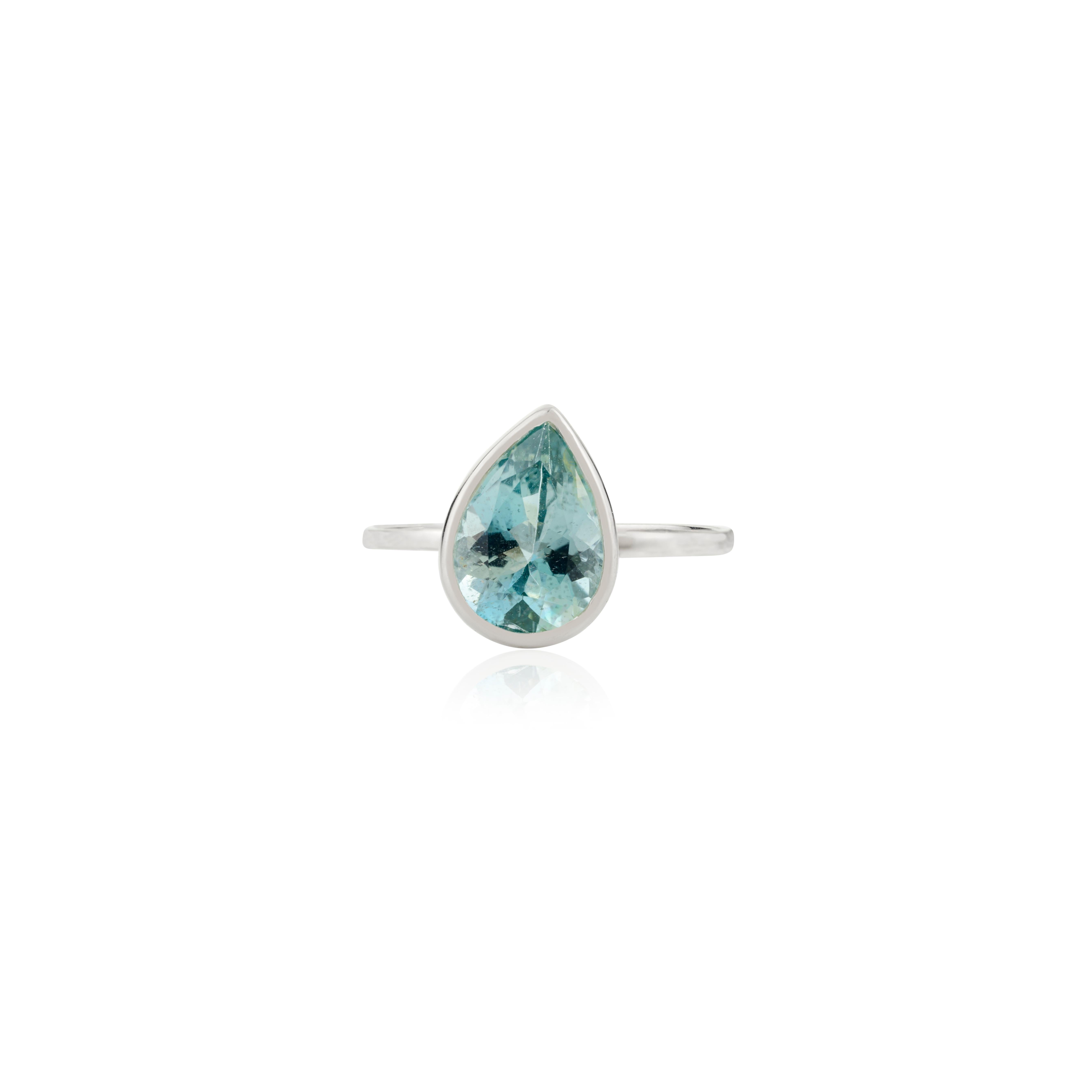 For Sale:  1.62 CTW Certified Natural Solitaire Pear Cut Aquamarine Ring in 14k White Gold 5