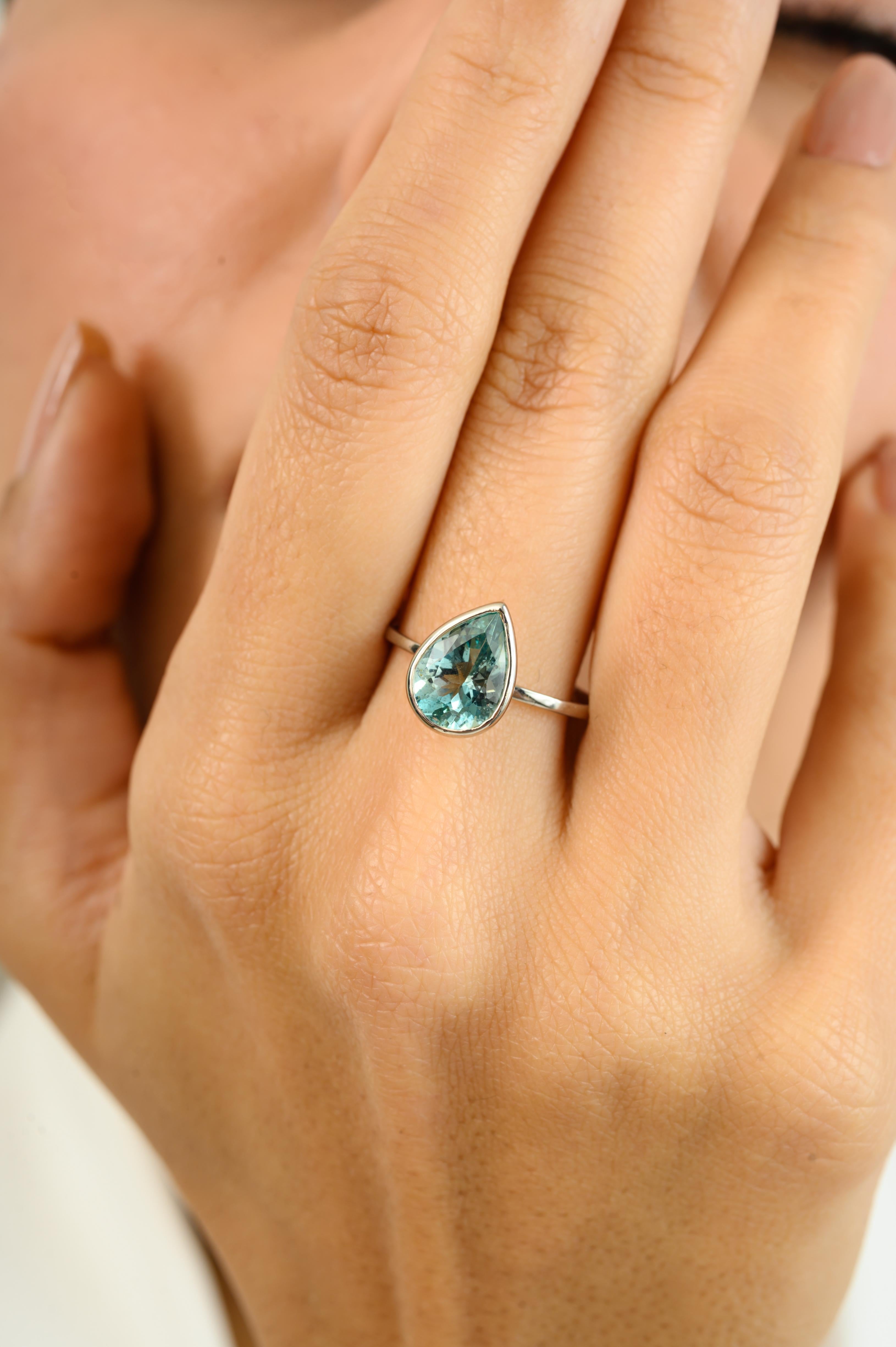 For Sale:  1.62 CTW Certified Natural Solitaire Pear Cut Aquamarine Ring in 14k White Gold 6