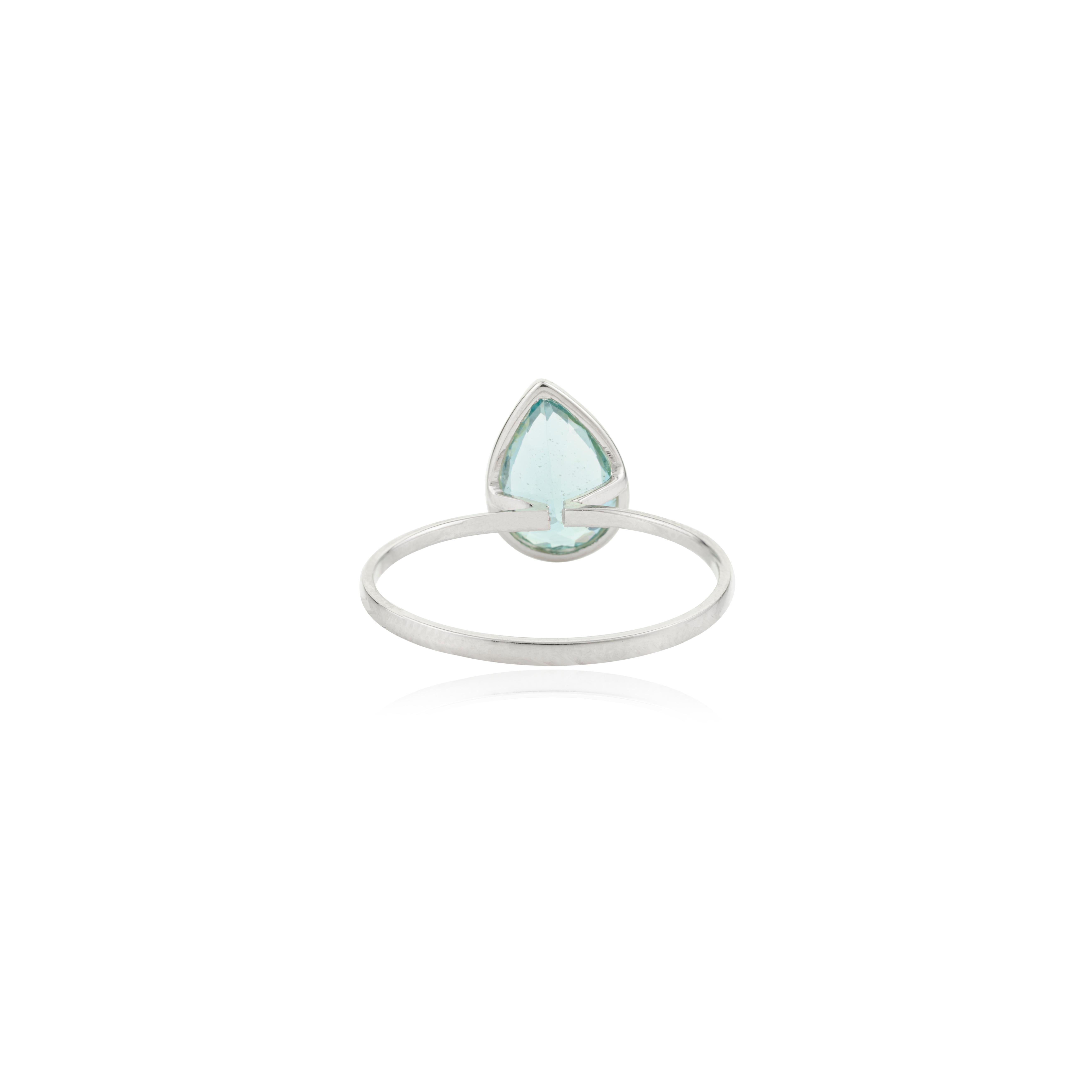 For Sale:  1.62 CTW Certified Natural Solitaire Pear Cut Aquamarine Ring in 14k White Gold 7