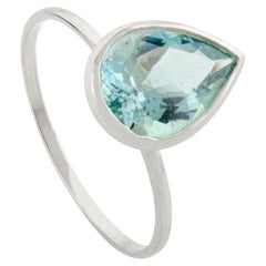 1.62 CTW Certified Natural Solitaire Pear Cut Aquamarine Ring in 14k White Gold
