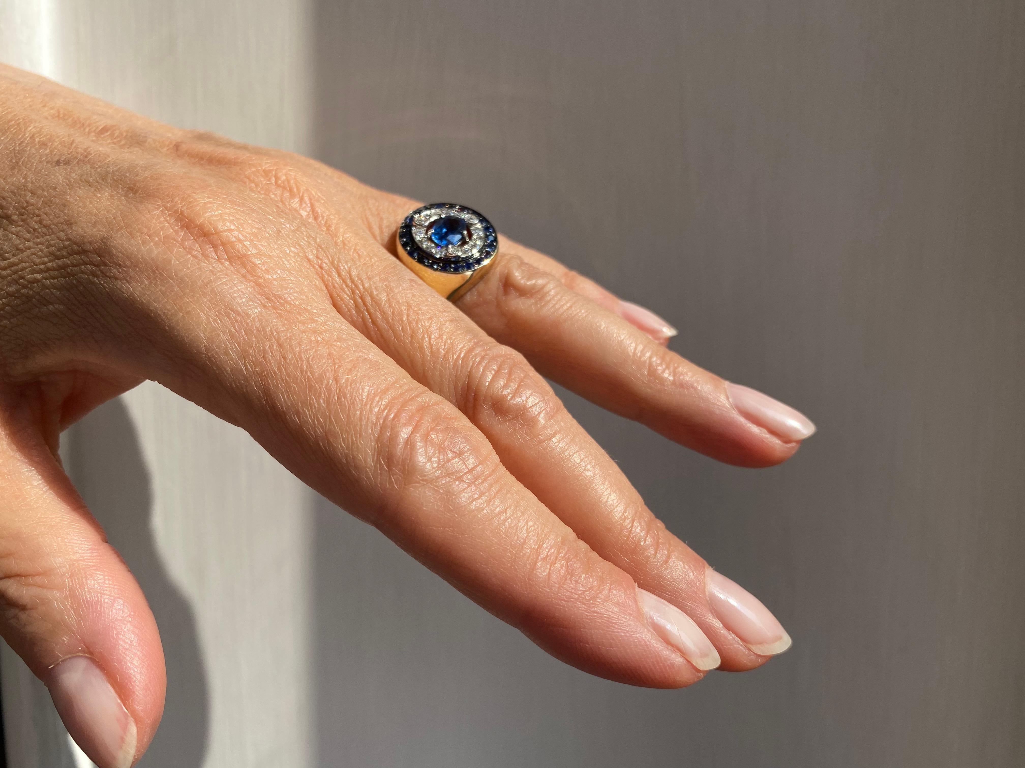 Rossella Ugolini Design Collection 1.62 Karat Sapphires 0.33 White Diamonds 18 Karat Gold Modern Style Design Ring. This 18k gold ring showcases a unique and captivating design inspired by the beauty of the Helix Nebula. The center of the ring