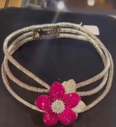 16.20 Cts Princess Shape Rubies 11.40 Cts Diamond Choker Necklace 14K White Gold