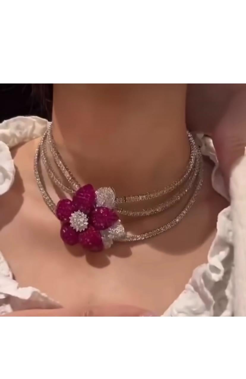 16.20 Cts Princess Shape Rubies 11.40 Cts Diamond Choker Necklace 14K White Gold For Sale 1