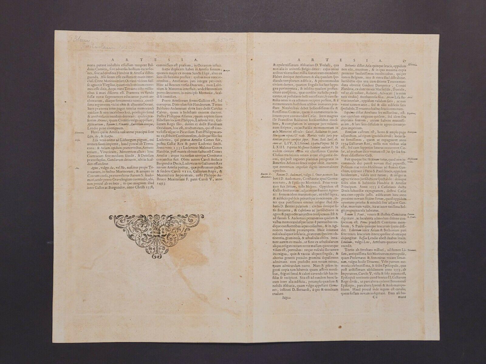 Papier Carte d'Artois de 1620 intitulée « Artesia Comitatvs Artois, » par Bleau, Ric.a012 en vente
