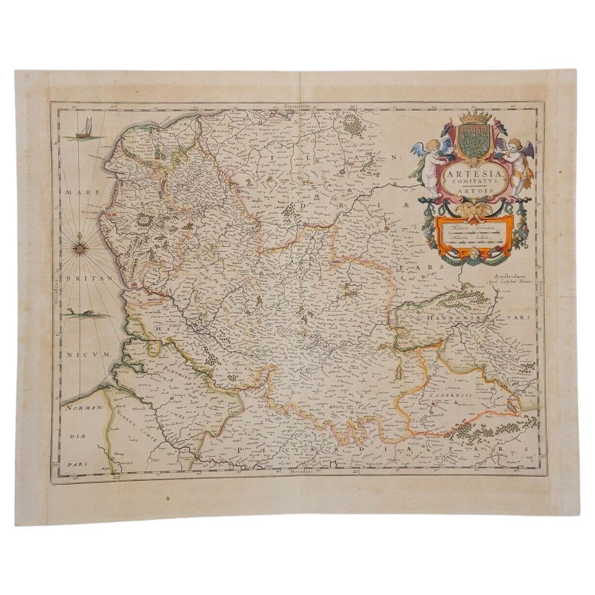 Carte d'Artois de 1620 intitulée « Artesia Comitatvs Artois, » par Bleau, Ric.a012 en vente