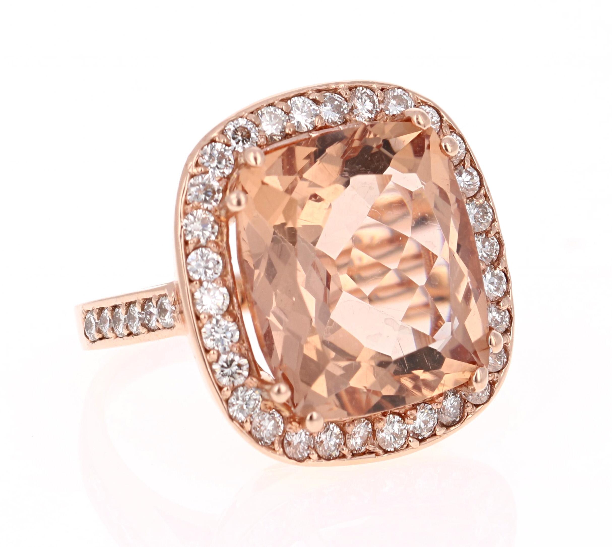 Stunning Statement Morganite & Diamond Ring! 

This Morganite ring has a 14.69 Carat Cushion Cut Morganite and is surrounded by 42 Round Cut Diamonds that weigh 1.52 Carats. Clarity: VS, Color: H. The total carat weight of the ring is 16.21 Carats. 