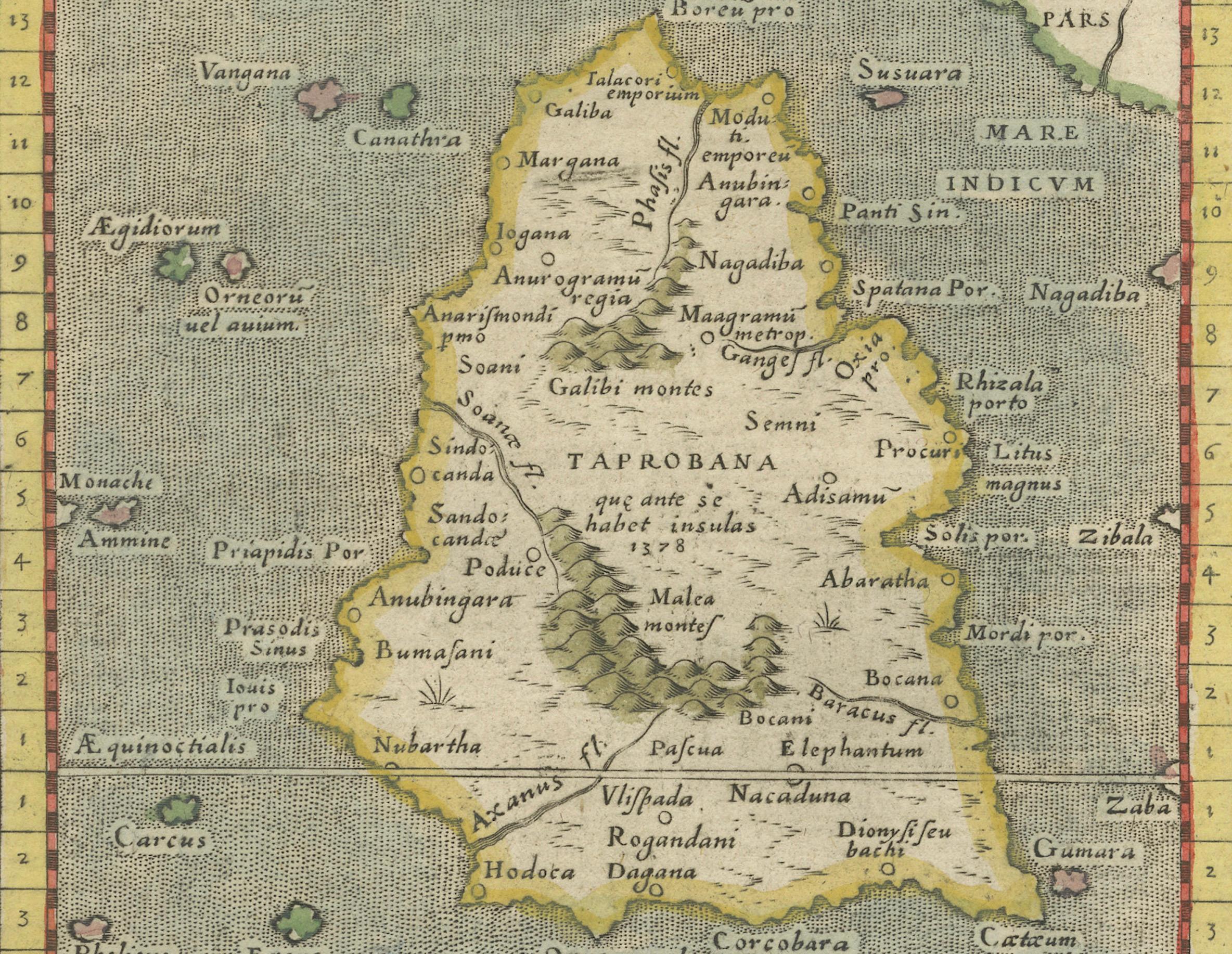 Inciso Mappa di Taprobana (Sumatra) di Tolomeo e Magini del 1621 con inserto di elefante in vendita