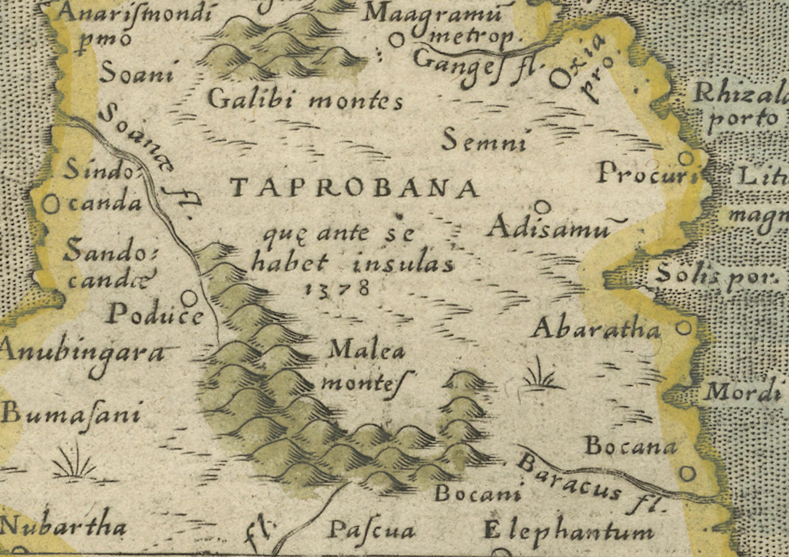 Mappa di Taprobana (Sumatra) di Tolomeo e Magini del 1621 con inserto di elefante in vendita 1
