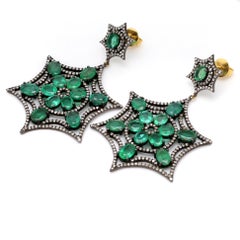 16.22 Carat Natural Emerald and Diamond Flower Dangle Earrings in Art Deco Style