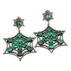 16.22 Carat Natural Emerald and Diamond Flower Dangle Earrings in Art Deco Style