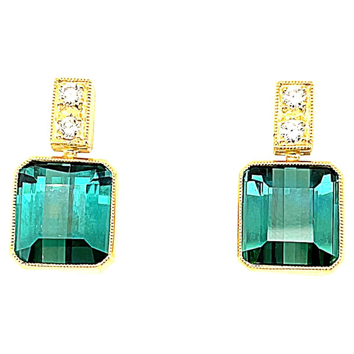 Artisan 16.22 Carat Emerald Cut Green Tourmaline Diamond Pave Dangle Post Earrings 